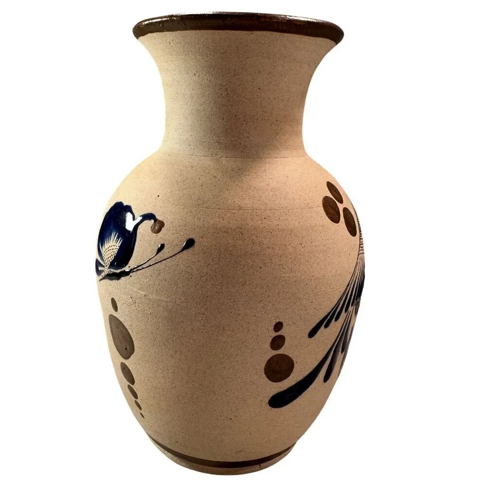 Mexican Folk Art Floral Vase Bird Sandstone Vintage Pottery Handcrafted Painted